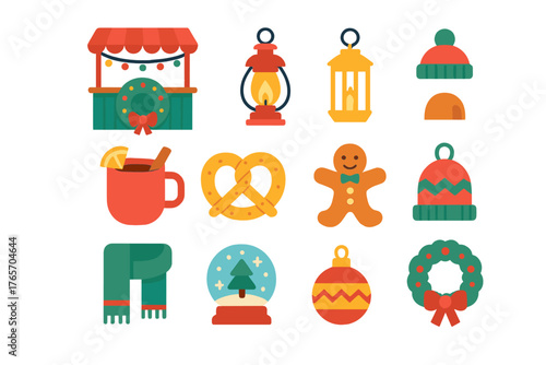 Christmas Fair Icons. Christmas Fair flat icons: decorated stall, glowing lanterns, mulled wine cup, pretzel, gingerbread man, wool hat, scarf, snow globe, ornament, wreath, bell,