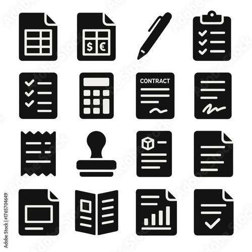 Purchase Order Icons. Purchase order documents and tools icons in silhouette. Purchase order form, invoice, pen, clipboard, checklist, calculator