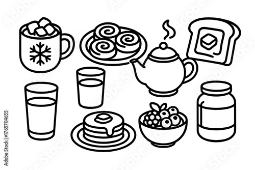 Cozy Breakfast Icons. Christmas Morning Cozy Breakfast outline set: hot cocoa mug with marshmallows, cinnamon rolls on plate, orange juice glass, pancakes with syrup, teapot with