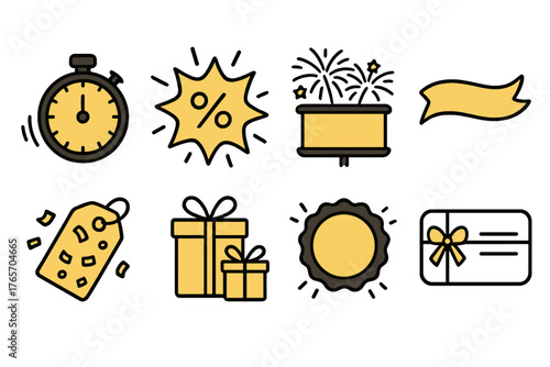 Festive E-Commerce Icons. New Year E-Commerce Promotions linear set: countdown sale timer, sparkling discount icon, fireworks background ad, “new deals” banner, gold confetti tag,