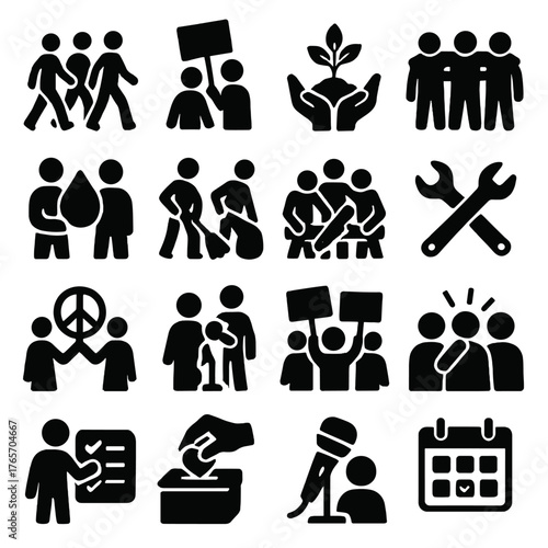 Unity Icons Collection. Unity in Action icons in silhouette. Group walking, protest sign, hands planting tree, chain of arms, volunteers icon, shared