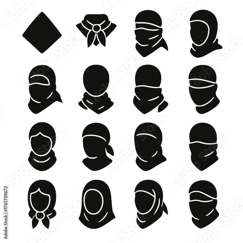 Scarf Folding Icons. Scarf Folding Styles icons in silhouette. Triangle fold, square knot, tactical wrap, desert style, face cover wrap, shoulder