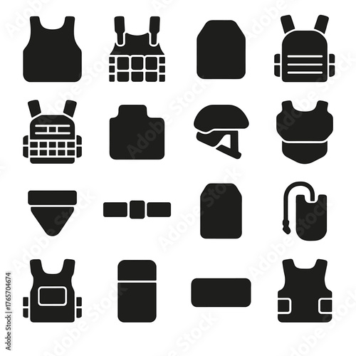 Tactical Armor Icons. Modern Tactical Body Armor icons in silhouette. Ballistic vest, chest rig, trauma plate, plate carrier, MOLLE webbing, side