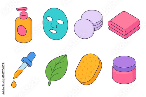Isometric Skincare Icons. Skincare Routine flat icons: lotion bottle, face mask, cotton pads, towel, dropper, leaf, sponge, jar.