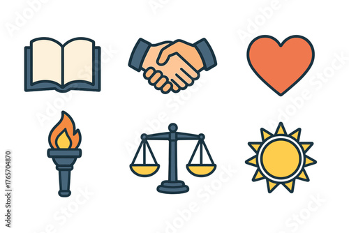 Symbols of Honesty. Honesty symbols flat icons: open book, handshake, heart, torch, scale, sun.