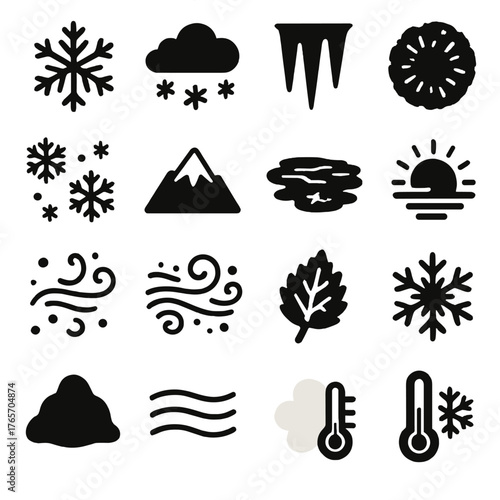 Winter Icons Collection. Winter weather elements icons in silhouette. Snowflake, snow cloud, icicle, frost, snowstorm, snowy mountain, frozen lake