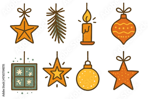 Minimalistic Festive Decor. Festive Hanging Stars — rustic line art flat icons: wooden star, twine cord, pine sprig, candle flame, fabric ornament, frosted window, glowing light,