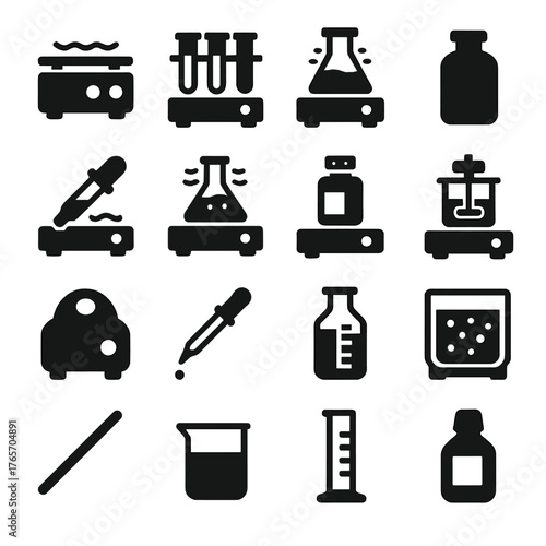 Science Shaker Icons. Science and lab shakers icons in silhouette. Chemical shaker, test tube shaker, flask shaker, reagent bottle, dropper shaker