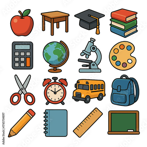 Education Icons Collection. Apple, desk, graduation cap, books, calculator, globe, microscope, paint palette, scissors, alarm clock, school bus