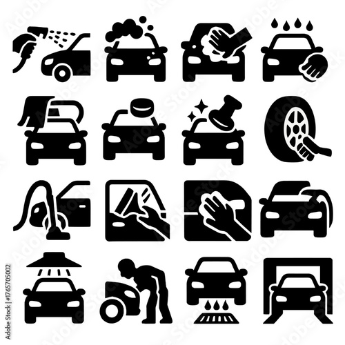 Car Wash Icons. Car wash process steps icons in silhouette. Pre-rinse, soap application, scrubbing, rinse, drying, waxing, polishing, tire cleaning