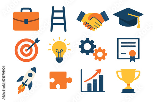 Career Path Icons. Career purpose flat icons: briefcase, ladder, handshake, graduation cap, target, light bulb, gears, certificate, rocket launch, puzzle piece, bar chart, trophy.