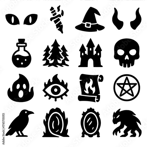 Mythical Fear Icons. Fear in fantasy and myths icons in silhouette. Dragon eyes, cursed object, witch hat, demon horns, magic potion, enchanted