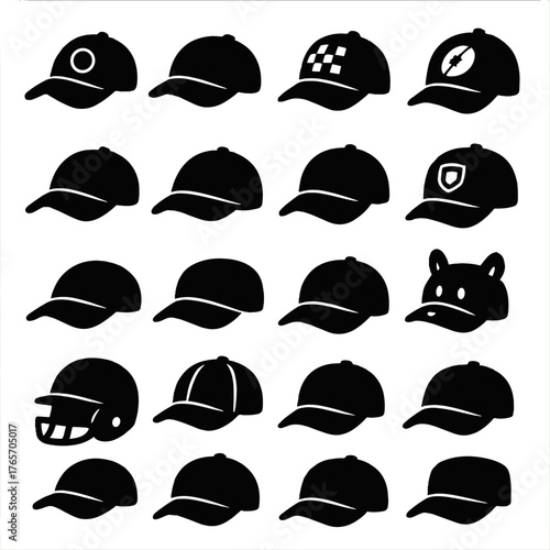 Sport Caps Silhouettes. Sport-Related Caps icons in silhouette. Tennis cap, golf cap, racing cap, football cap, marathon cap, cricket cap, coach cap