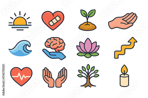 Recovery Icon Set. Recovery flat icons: rising sun, bandaged heart, growth plant, hand support, calm wave, brain care, wellness icon, path arrow, heart pulse, open hands, tree of