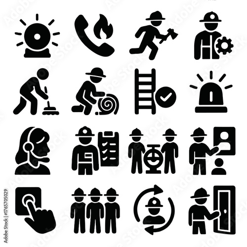 Fire Station Icons. Fire station operations and protocols icons in silhouette. Alarm ringing, emergency call icon, fire drill, gear check, station