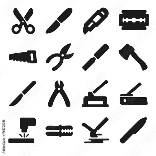 Cutting Tools Icons. Cutting tools and instruments icons in silhouette. Scissors, knife, box cutter, razor blade, saw, pruning shears, chisel, axe