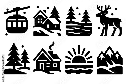 Snowy Travel Icons. Snowy Excursions — Scenic travel silhouette set: cable car, snowy village, frozen lake, reindeer, pine trees, cabin, sunrise horizon, mountain ridge.