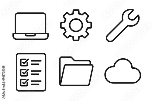 Tech Tools Icons. Technical resolution outline set: laptop, gear, wrench, checklist, document folder, cloud.,