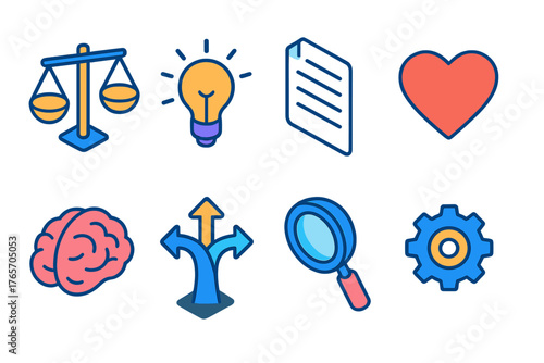 Isometric Ethical Icons. Ethical Decision-Making flat icons: balance scale, light spark, document, heart, brain, path arrows, magnifying glass, gear.