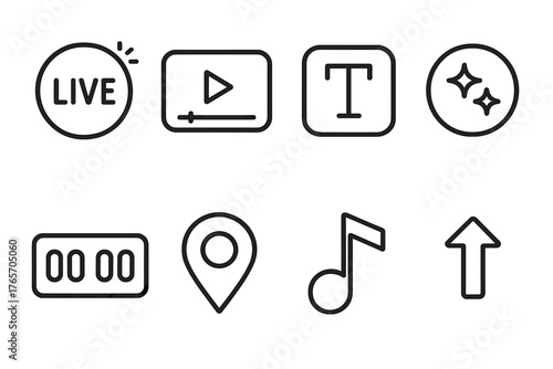Social Media Tools. Social Media Story Updates outline set: live story icon, video clip card, text overlay tool, filter sparkle badge, countdown sticker, location tag, music note