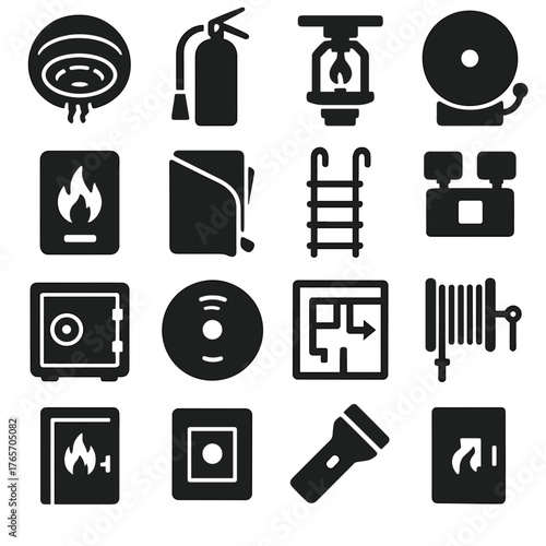 Fire Safety Icons. Household fire hazards icons in silhouette. Stove flame, candle on table, space heater near curtain, frayed cable, toaster on fire