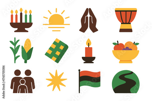 Kwanzaa Icons Set. Kwanzaa Faith and Future flat icons: kinara candles, rising sun, prayer hands, drum, corn stalk, woven mat, candle flame, fruit bowl, family group, starburst,
