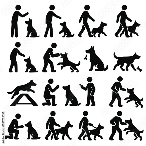 Guard Dog Training Icons. Guard dog training and commands icons in silhouette. Sit command, stay command, come command, heel command, down command