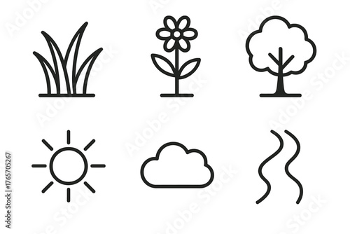 Prairie Icon Set. Natural prairie outline set: grass, wildflower, tree, river, sun, cloud.