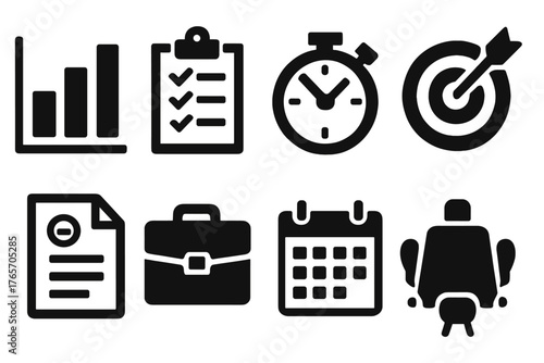 Brutalist Performance Icons. Performance Review silhouette set: bar chart, clipboard checklist, stopwatch, target arrow, contract document, briefcase, calendar plan, meeting table.
