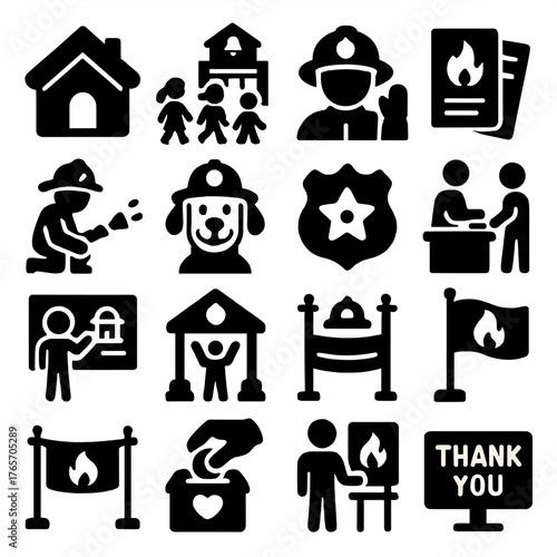 Community Fire Safety Icons. Fire station community and education icons in silhouette. Open house icon, school visit, tour guide helmet, safety