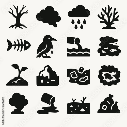 Nature's Pollution Icons. Pollution effects on nature icons in silhouette. Dead tree, smog cloud, acid rain, coral bleaching, fish skeleton