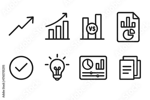 Data Insights Icons. Data Insights outline set: upward arrow, bar graph, comparison chart, statistic report, checkmark, light bulb, dashboard, paper stack.