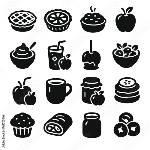 Apple Recipe Icons. Apple cooking and recipes icons in silhouette. Apple pie, apple tart, apple crumble, baked apple, apple sauce, apple juice