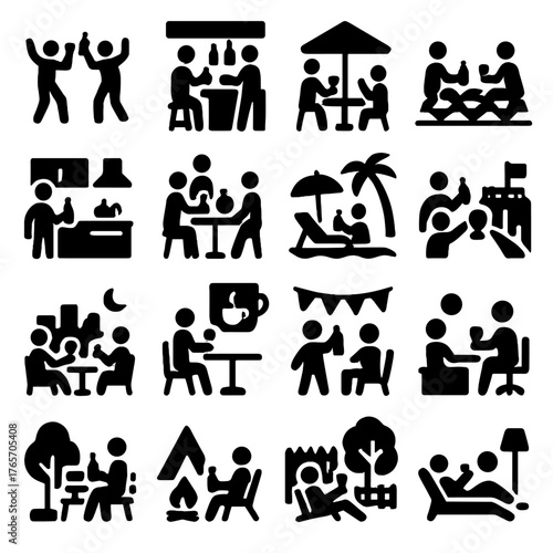 Silhouette Drink Icons. Drinking occasions and locations icons in silhouette. Party, bar, café, picnic, home kitchen, restaurant, beach, sports event