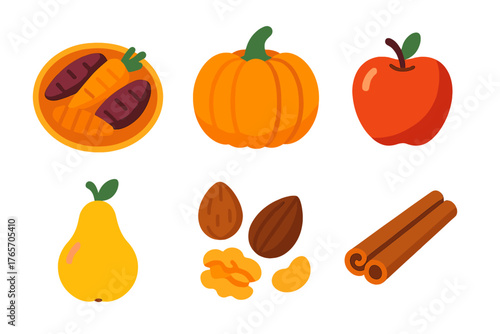 Thanksgiving Icons Collection. Thanksgiving Abundance flat icons: roasted vegetables, pumpkin, apple, pear, nuts, cinnamon sticks., , High resolution, sharp vector-like appearance,