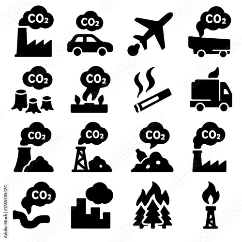 Pollution Sources Icons. CO2 emissions and pollution sources icons in silhouette. Factory chimney, car exhaust, airplane contrail, power plant