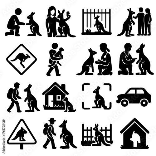 Kangaroo Interaction Icons. Kangaroo and Interaction with Humans icons in silhouette. Feeding from hand, kangaroo selfie pose, zoo enclosure icon