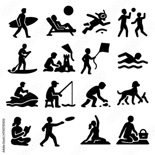 Beach Activity Icons. Beach Activities icons in silhouette. Surfing, sunbathing, snorkeling, beach volleyball, paddleboarding, building sandcastles