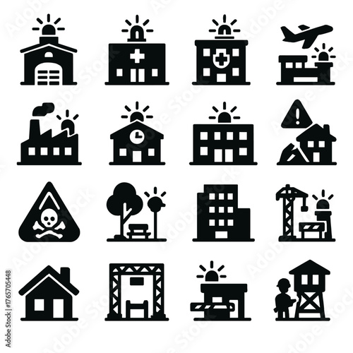 Alert Scenario Icons. Alert environments and scenarios icons in silhouette. Fire station, hospital emergency, police station, airport alert, factory