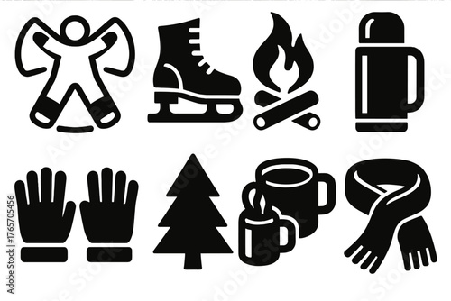 Winter Fun Icons. Winter Thrills — Outdoor fun silhouette set: snow angel, ice skates, campfire, thermos, gloves, pine tree, hot cocoa, scarf.