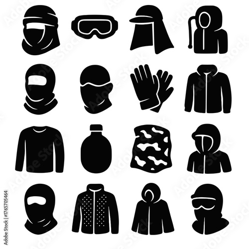 Desert Gear Icons. Desert Survival Gear icons in silhouette. Shemagh, tactical goggles, sun hood, hydration pouch, neck scarf, gloves, dust mask