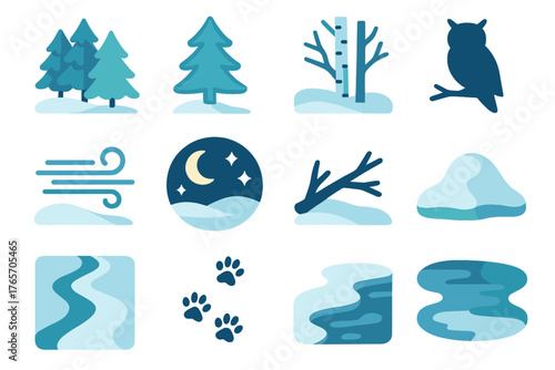 Vibrant Winter Forest Icons. Winter Forest flat icons: cluster of trees, pine outline, birch trunks, fallen branch, snow mound, owl silhouette, cold wind lines, night sky, star