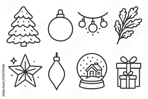Minimalist Christmas Icons. Christmas Tree Display outline set: snowy tree, silver baubles, blue lights, frosted branches, glitter star, crystal ornaments, snow globe base, winter
