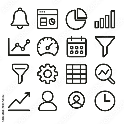 Data Dashboard Icons. Notification bell, dashboard, pie chart, bar chart, line graph, speedometer, gauge, calendar, filter, search, settings gear