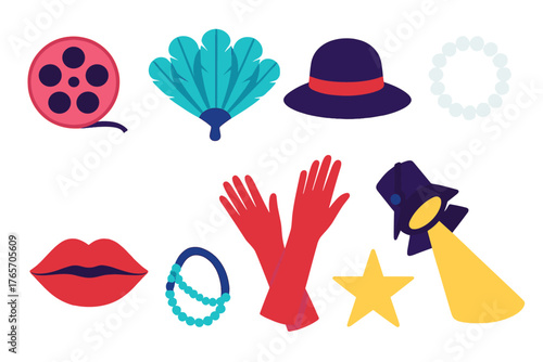 Hollywood Iconic Symbols. Classic Hollywood Glamour flat icons: film reel, feather fan, hat, pearl necklace, red lips, gloves, spotlight, star.