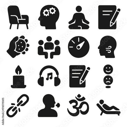 Mental Health Icons. Mental health treatments icons in silhouette. Therapist chair, brain with gears, meditation pose, journal, stress ball, support