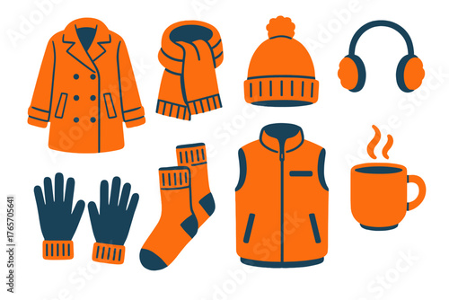 Cozy Winter Essentials. Chilly Day Wear — warm duotone flat icons: layered coat, chunky scarf, knit hat, earmuffs, gloves, thick socks, fleece vest, steaming cup.