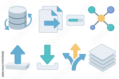 Modern Data Sync Icons. Data sync flat icons: database, file transfer, progress bar, connected nodes, upload arrow, download arrow, split arrows, stacked documents.
