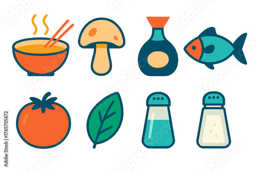 Minimal Umami Icons. Umami flat icons: bowl of soup, mushroom, soy sauce, fish, tomato, chopsticks, leaf, salt shaker.