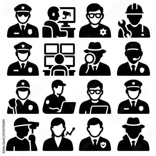 CCTV Roles Icons. CCTV personnel and roles icons in silhouette. Security guard, surveillance operator, system administrator, technician, law